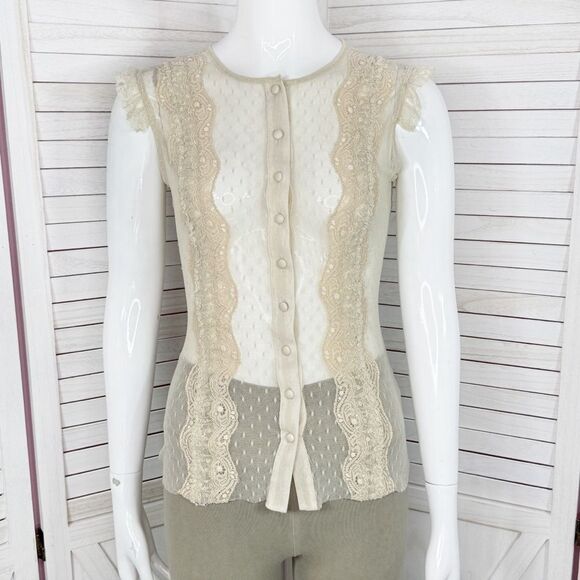 Vintage Express Sheer Lace Mesh Ruffle Coquette Top Blouse Ivory XS Y2K Western - Picture 1 of 12